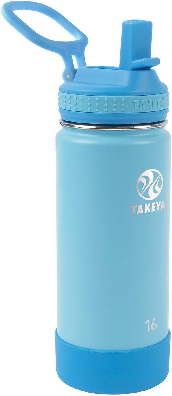 Takeya Actives Kids 16 oz Vacuum Insulated Stainless Steel Water Bottle with Straw Lid, Sail Blue/Atlantic-0