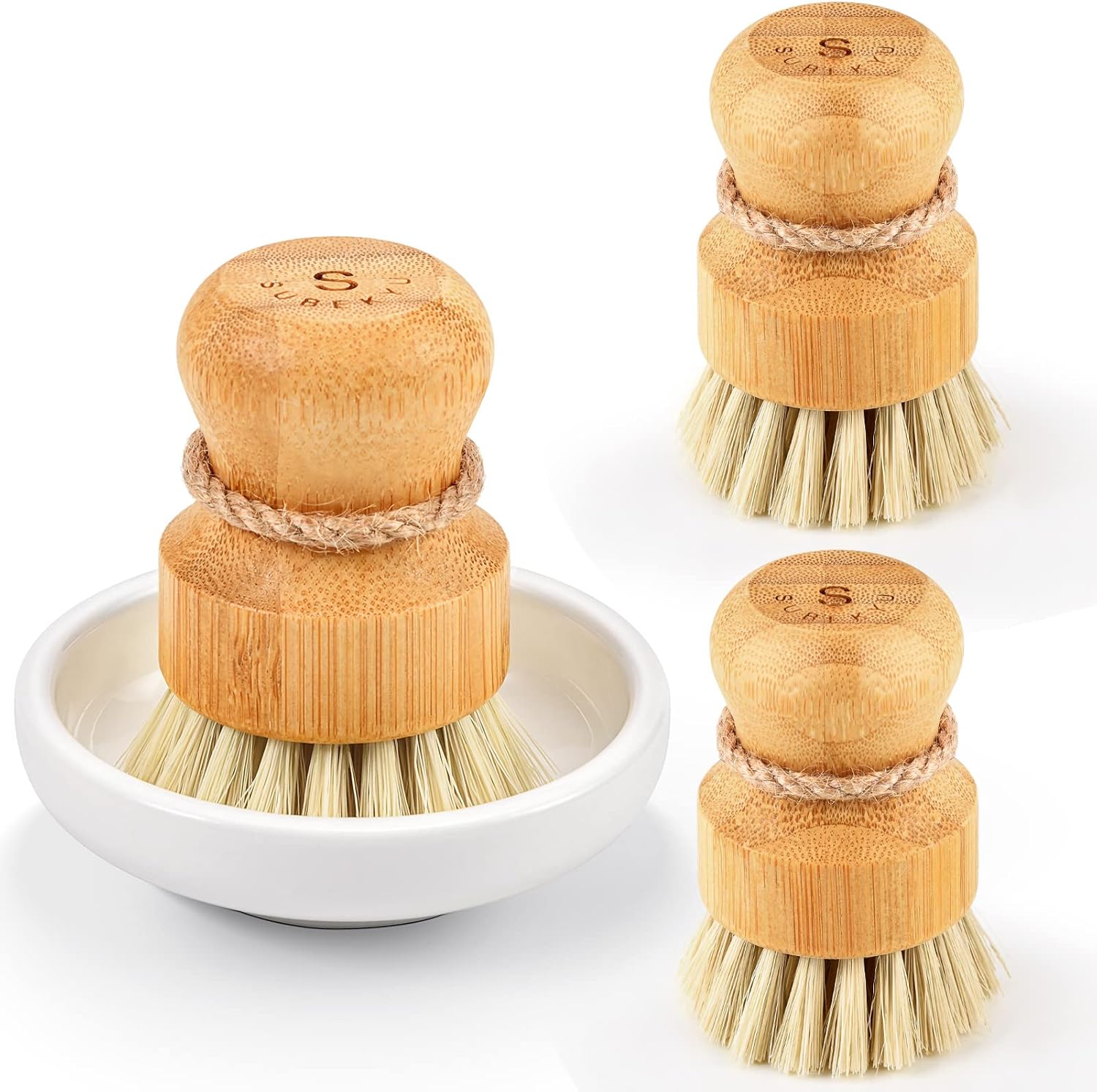 Bamboo Dish Scrub Brushes by Subekyu, Kitchen Wooden Cleaning Scrubbers Set for Washing Cast Iron Pan/Pot, Natural Sisal Bristles, Set of 3-0