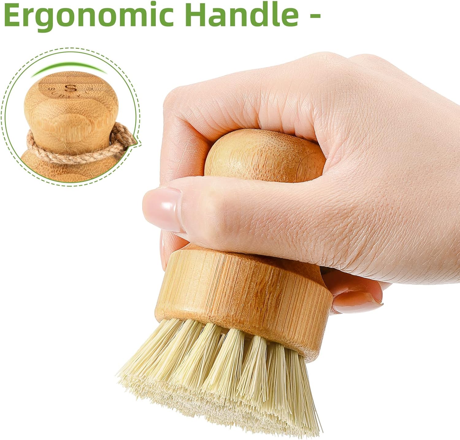 Bamboo Dish Scrub Brushes by Subekyu, Kitchen Wooden Cleaning Scrubbers Set for Washing Cast Iron Pan/Pot, Natural Sisal Bristles, Set of 3-2