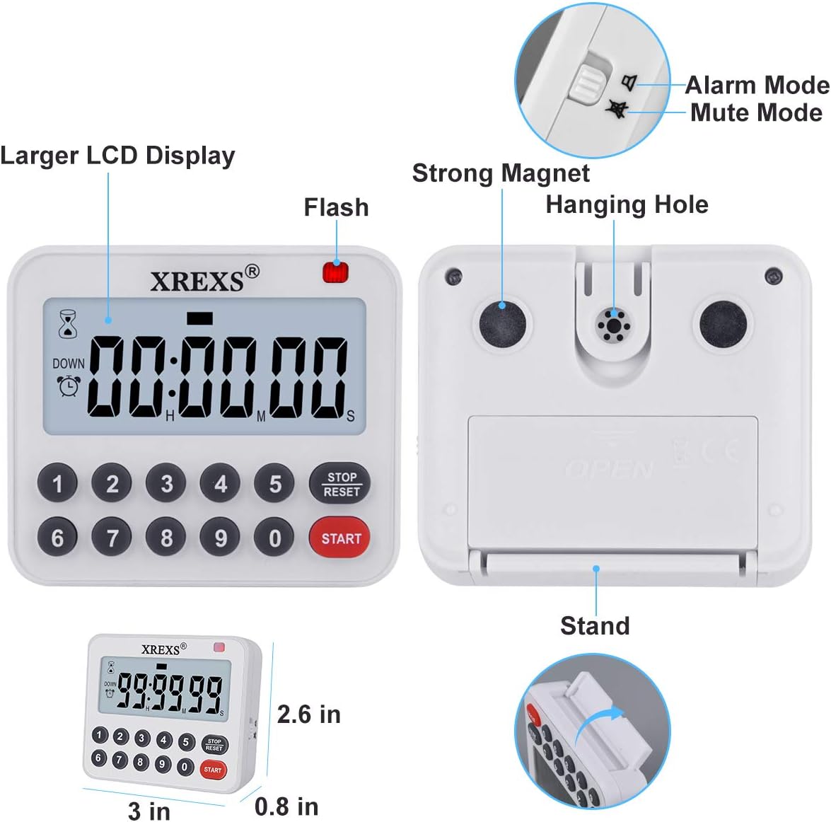 XREXS Digital Kitchen Timer Magnetic Countdown Up Cooking Timer Loud Alarm and Mute Optional, Magnet and Stand, Large Display Classroom Timer for Teachers (2 Batteries Included) Upgraded Version-3