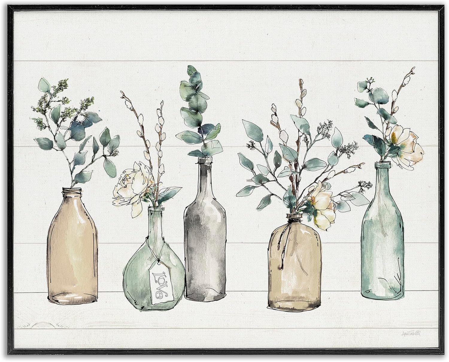 Stupell Industries Bottles and Plants Farm Wood Textured, Design by Anne Tavoletti Wall Art, 11 x 14, Multi-Color, Black Framed-0