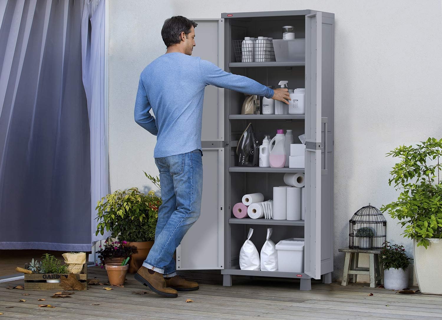 Keter Storage Cabinet with Doors and Shelves for Laundry Room, Garage, Bathroom Accessories, Closet and Home Organization, White & Grey-1