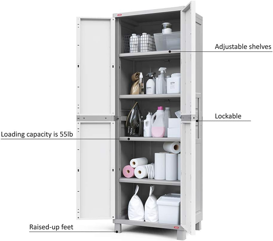 Keter Storage Cabinet with Doors and Shelves for Laundry Room, Garage, Bathroom Accessories, Closet and Home Organization, White & Grey-5