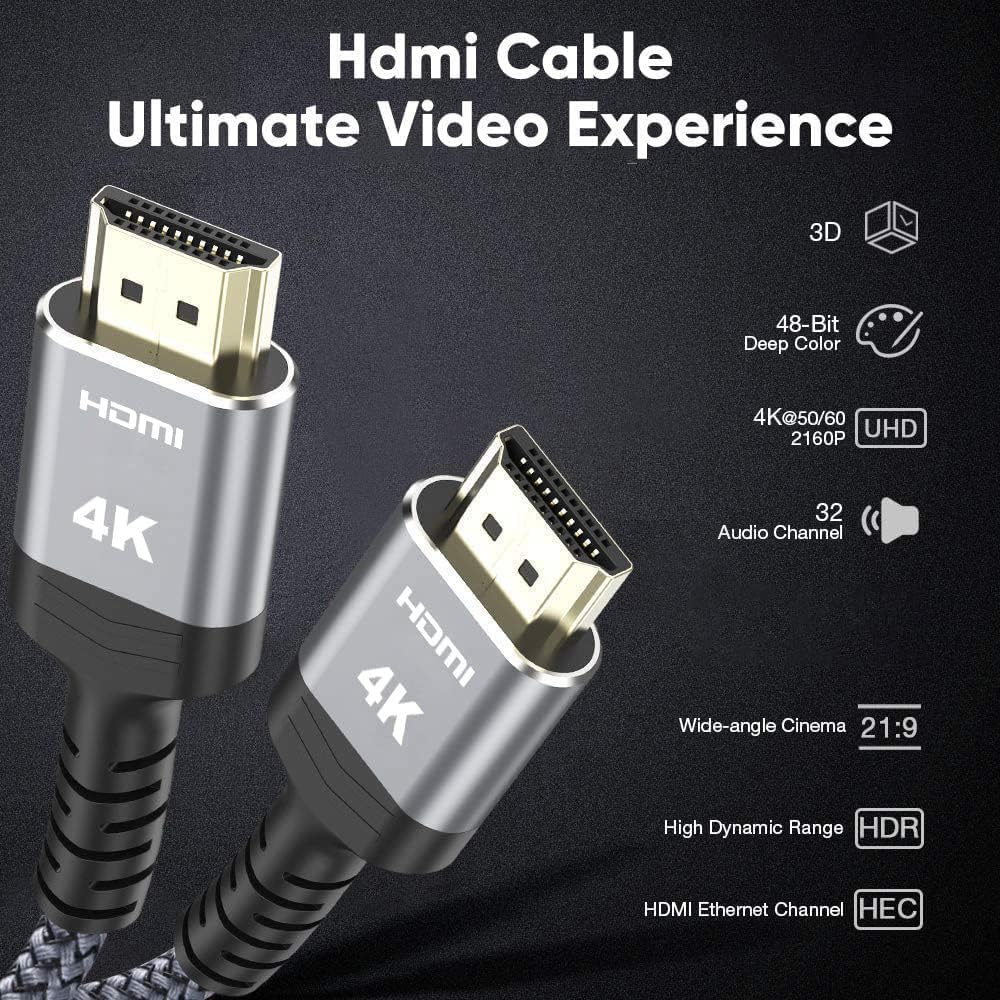 Highwings 4K HDMI Cable 15FT, 2.0 High Speed 18Gbps HDMI Braided Cord-Supports (4K 60Hz HDR,Video 4K 2160p 1080p 3D HDCP 2.2 ARC-Compatible with Ethernet PS4/3 4K Projector Game Monitor ect-Grey-4