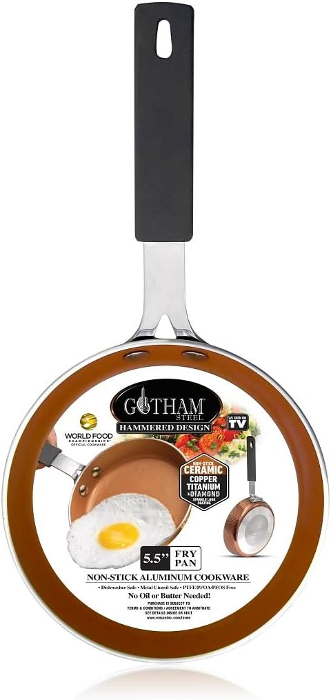 Gotham Steel Hammered Egg Pan Nonstick, 5.5 Inch Small Frying Pan Nonstick, Egg Frying Pan, Small Pan for Cooking, Copper Pan Skillet with Rubber Grip Handle, Dishwasher & Oven Safe, 100% Toxin Free-4