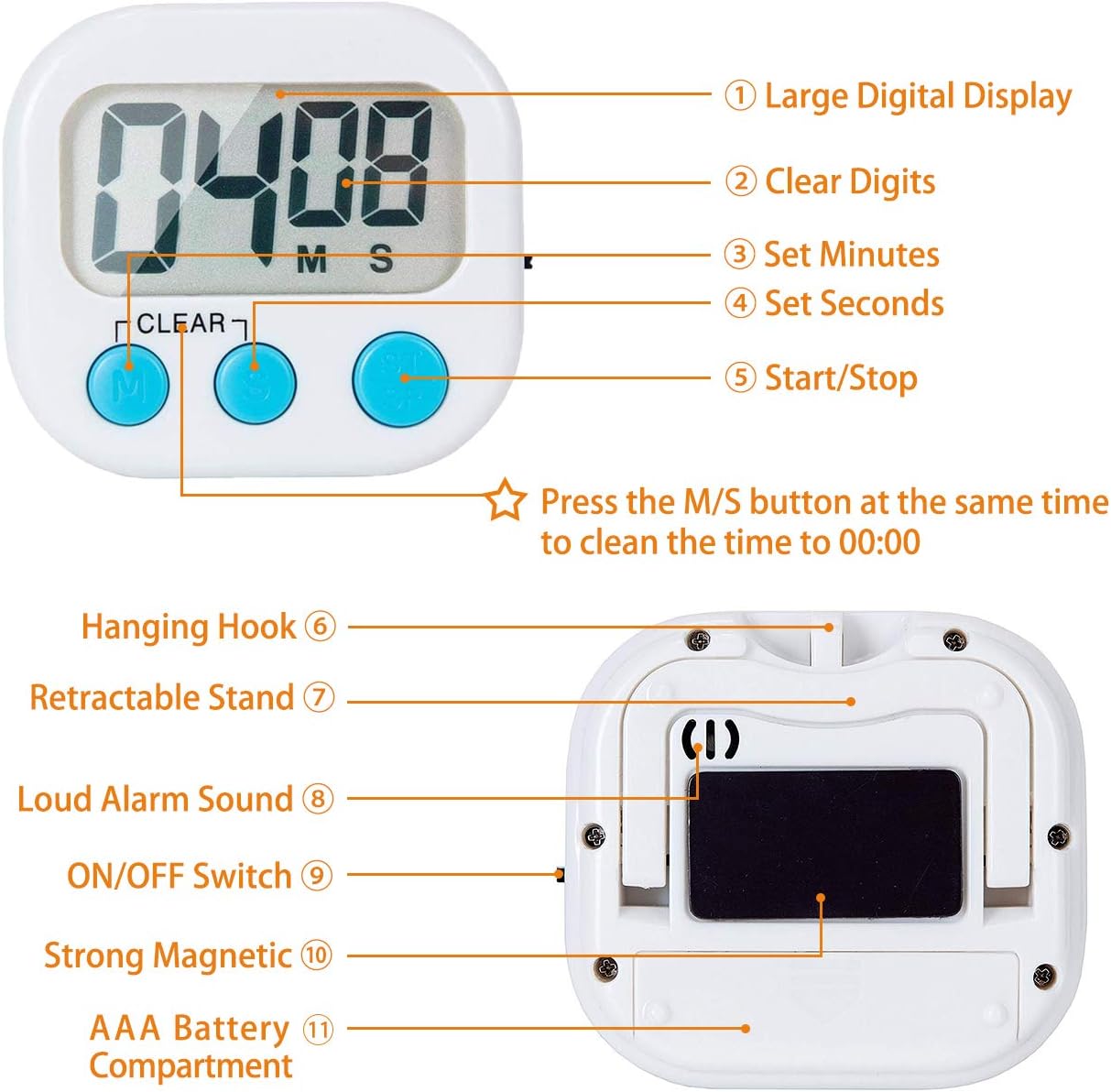 2 Pack Digital Kitchen Timer for Cooking Big Digits Loud Alarm Magnetic Backing Stand Cooking Timers for Baking White-4