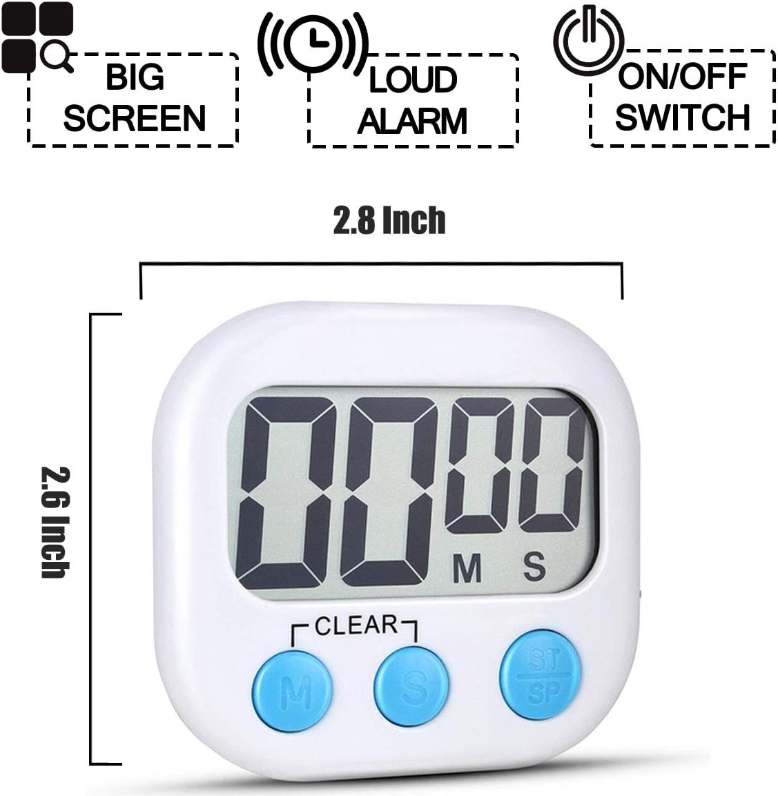 2 Pack Digital Kitchen Timer for Cooking Big Digits Loud Alarm Magnetic Backing Stand Cooking Timers for Baking White-5