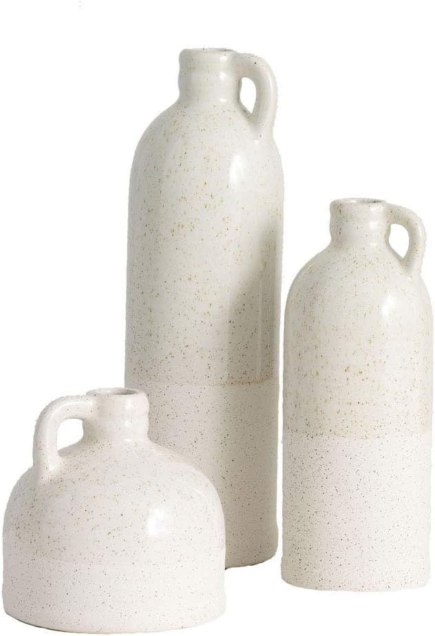 Sullivans Modern Farmhouse Distressed Two-Toned White Small Ceramic Jug Set of Three (3), 4, 7.5, 10” Tall, Crackled Finish Faux Floral Jugs, Distressed Decoration-0