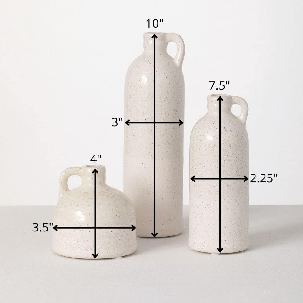 Sullivans Modern Farmhouse Distressed Two-Toned White Small Ceramic Jug Set of Three (3), 4, 7.5, 10” Tall, Crackled Finish Faux Floral Jugs, Distressed Decoration-1