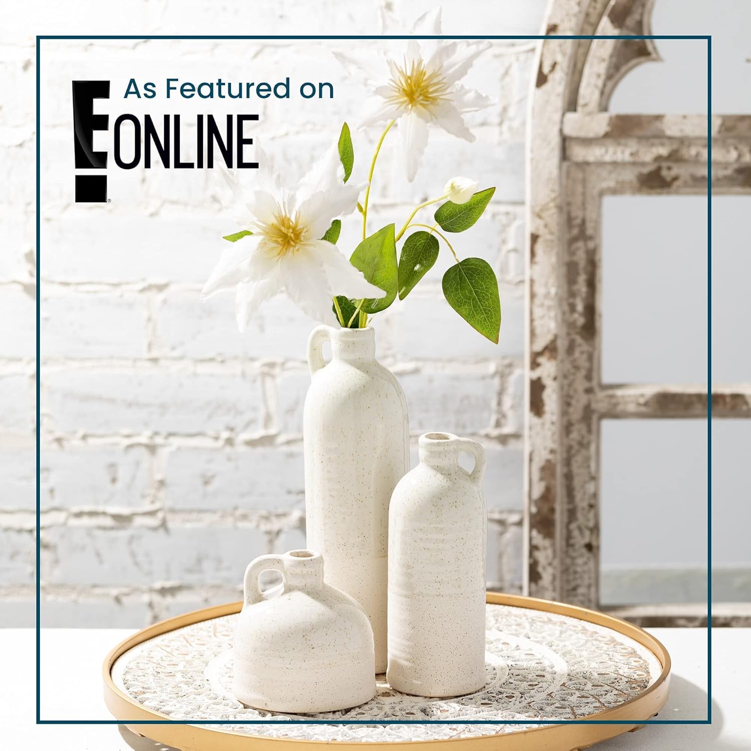 Sullivans Modern Farmhouse Distressed Two-Toned White Small Ceramic Jug Set of Three (3), 4, 7.5, 10” Tall, Crackled Finish Faux Floral Jugs, Distressed Decoration-6