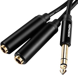 HOSONGIN 1/4 inch TRS Stereo Splitter Y Cable 1.6Ft, 1/4 Inch 6.35mm Stereo Male Plug to Dual 1/4 Inch 6.35mm Female Jack, Black Aluminum Alloy Shell Gold Plated Plug Socket