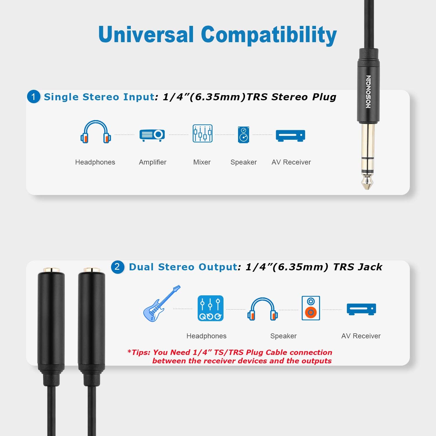 HOSONGIN 1/4 inch TRS Stereo Splitter Y Cable 1.6Ft, 1/4 Inch 6.35mm Stereo Male Plug to Dual 1/4 Inch 6.35mm Female Jack, Black Aluminum Alloy Shell Gold Plated Plug Socket-3