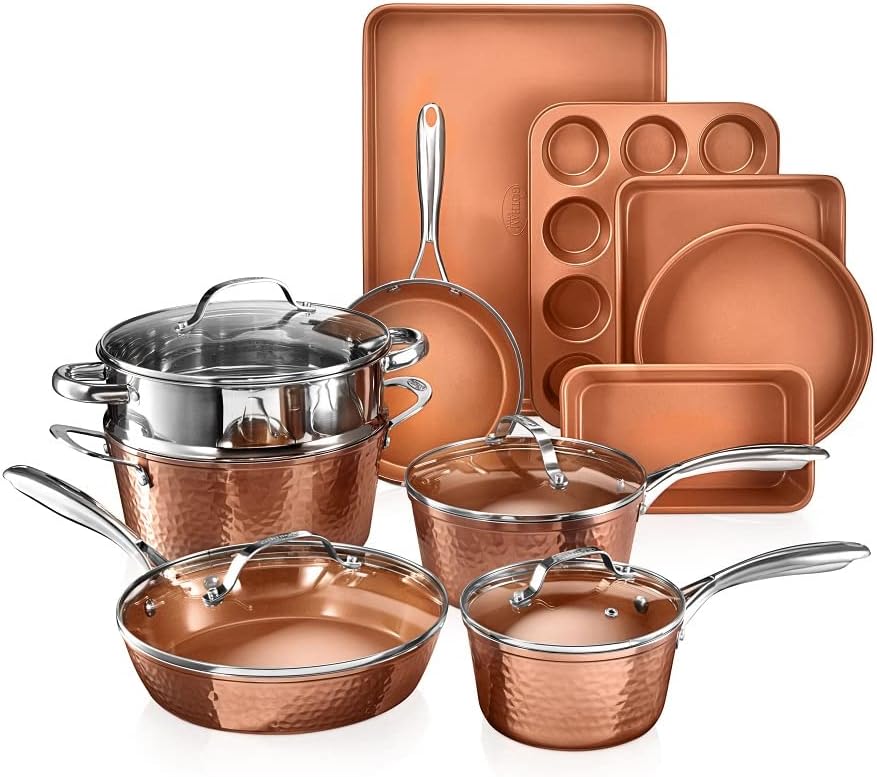 Gotham Steel Hammered 15 Pc Ceramic Pots and Pans Set Non Stick Cookware Set, Kitchen Cookware Sets, Ceramic Cookware Set with Non Toxic Cookware, Copper Pot and Pan Set, Oven & Dishwasher Safe-0