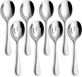 HIWARE 8-Piece Serving Spoons Set - Includes 4 Serving Spoons and 4 Slotted Spoons, 18/8 Stainless Steel Buffet Serving Utensils - Mirror Polished, Dishwasher Safe, 8.6-Inch