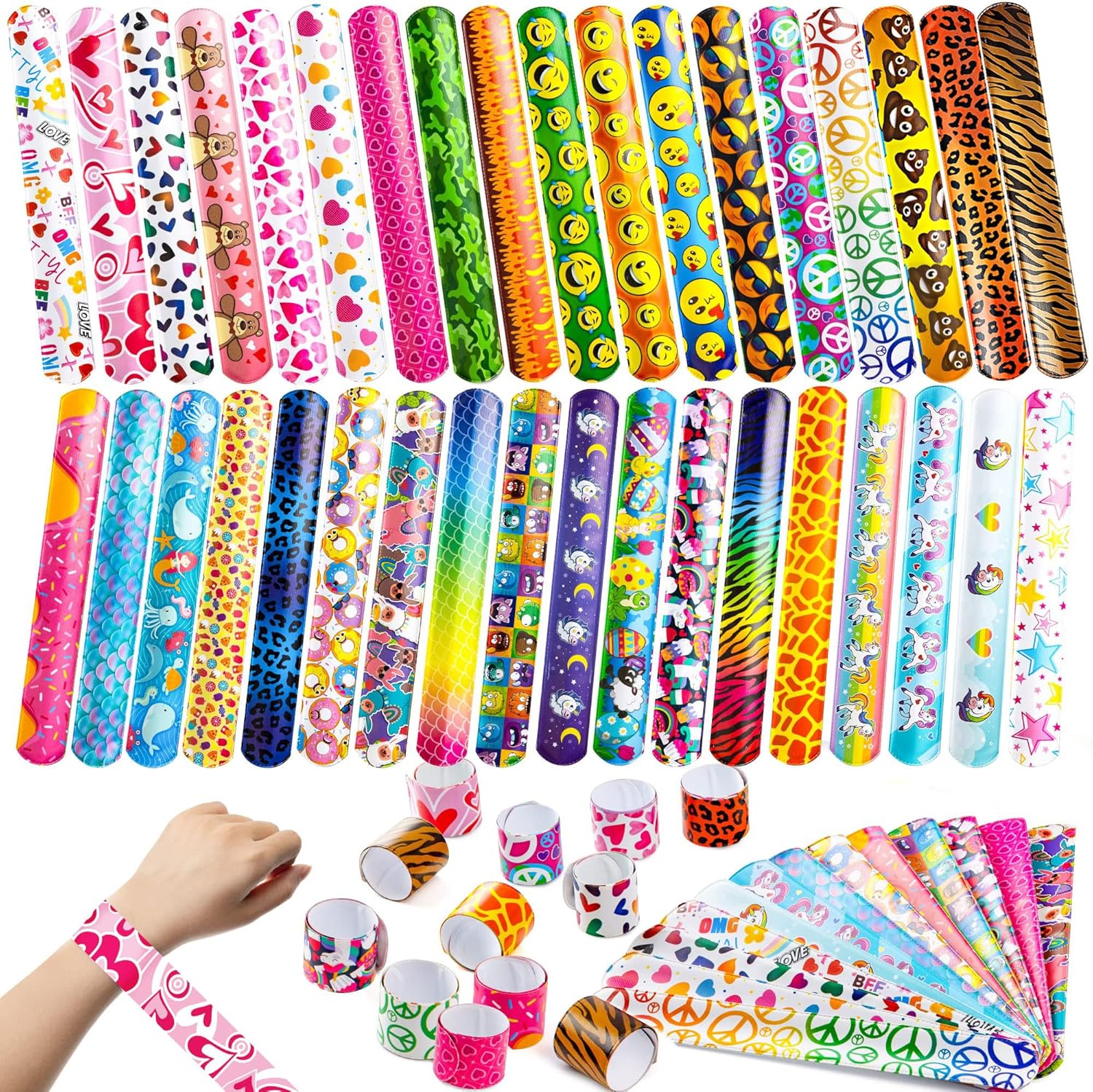 JOYIN 144 Pcs Slap Bracelets for Kids Bulk Wristbands with Animals, Friendship, Heart Print 36 Designs, for kids Easter Party Favors, Classroom Prizes Exchanging Gifts-0