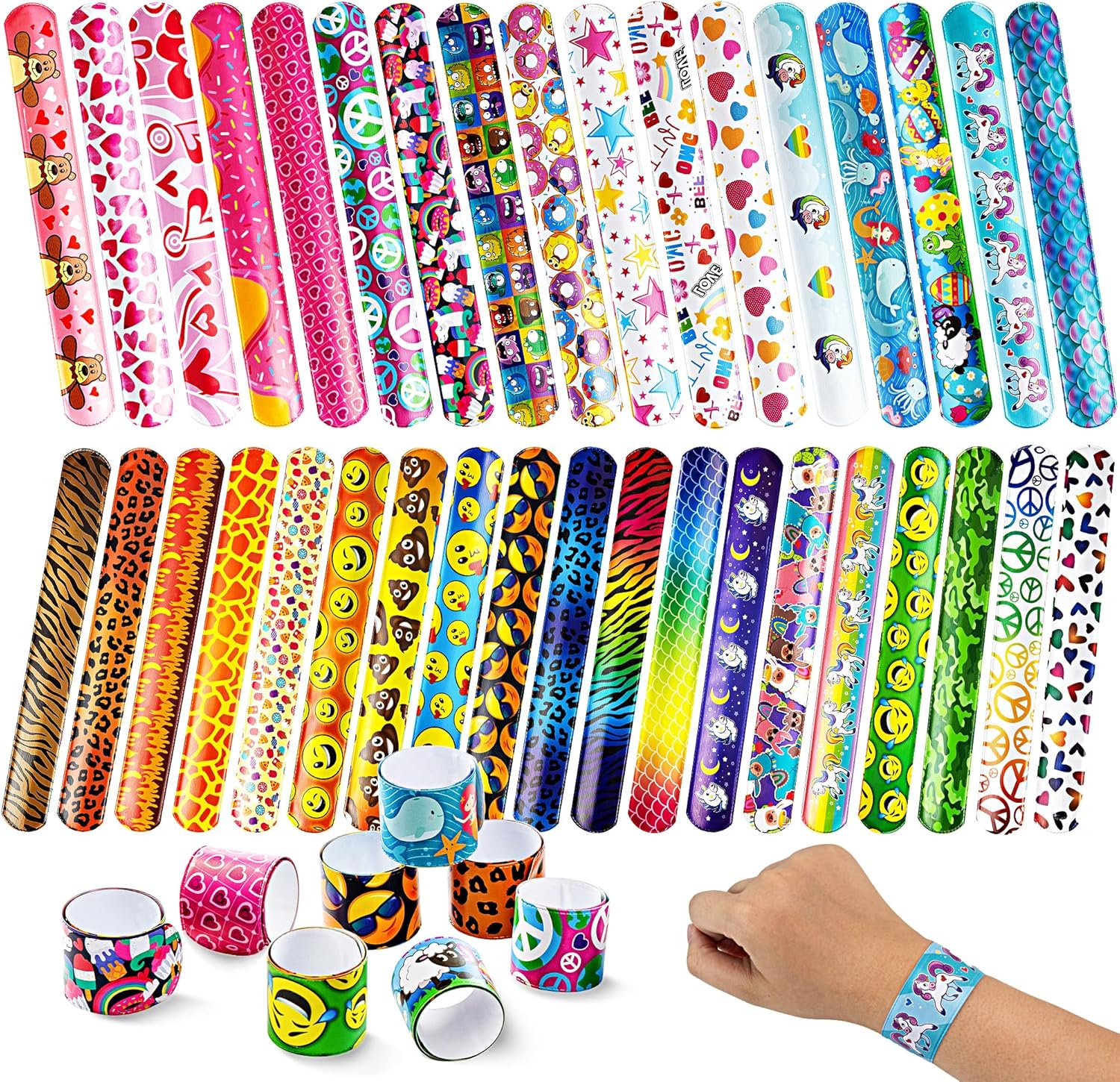 JOYIN 144 Pcs Slap Bracelets for Kids Bulk Wristbands with Animals, Friendship, Heart Print 36 Designs, for kids Easter Party Favors, Classroom Prizes Exchanging Gifts-7