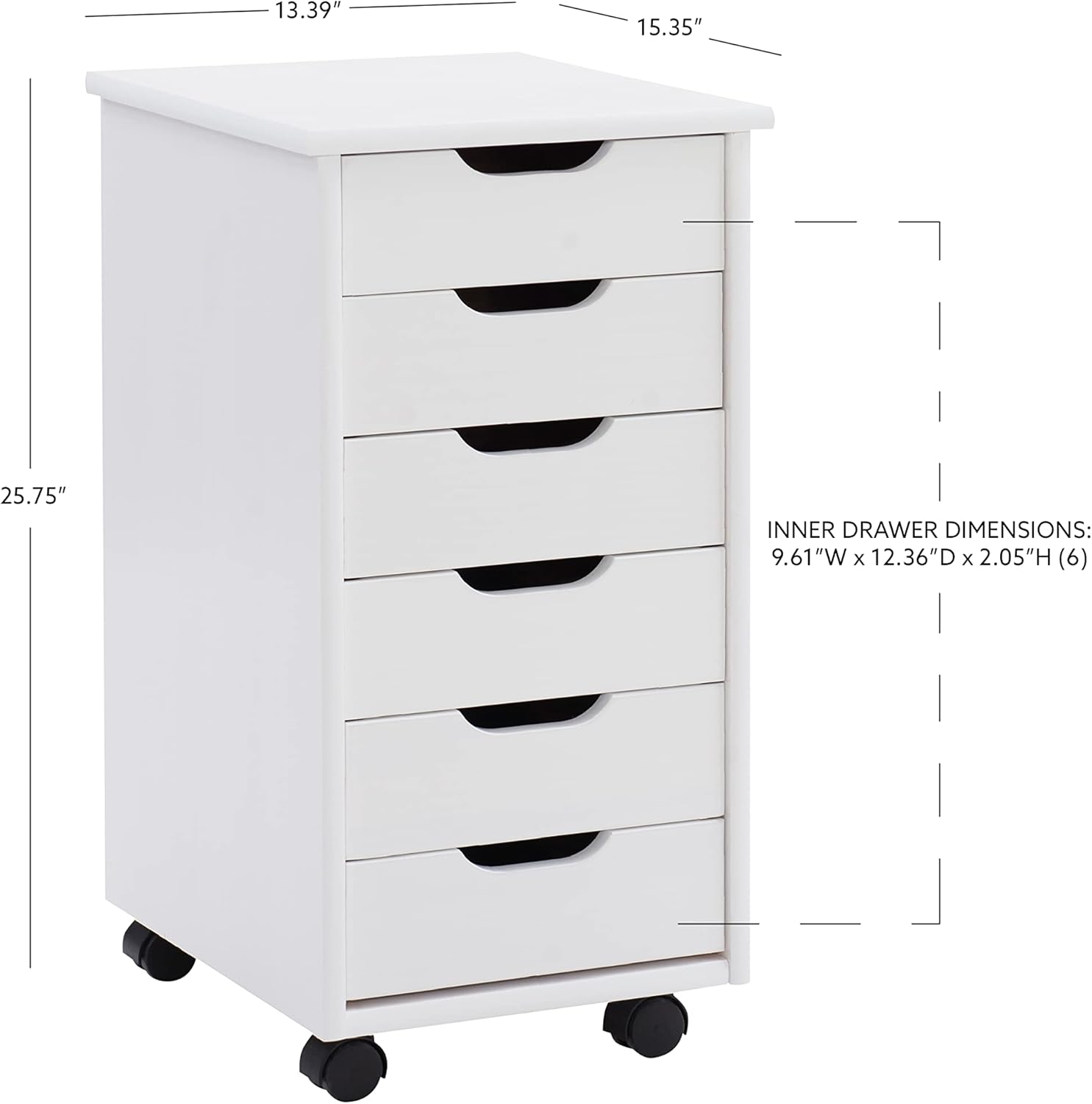 Linon Home Decor Products Corinne Six Drawer Storage, White Wash Rolling Cart-2