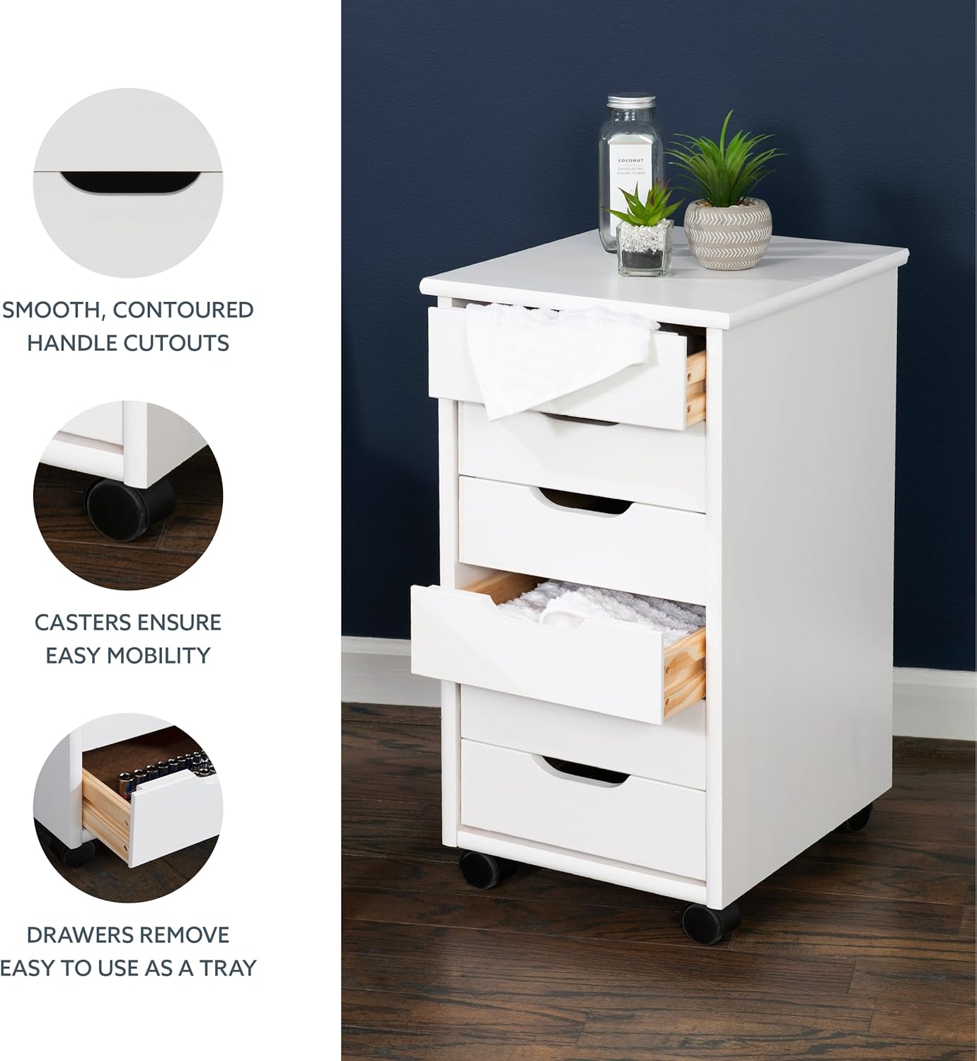 Linon Home Decor Products Corinne Six Drawer Storage, White Wash Rolling Cart-7