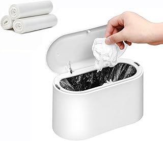 SUBEKYU Mini Trash Can with Lid,Small Trash Can,Desk Trash Can,Countertop Mini Garbage Cans,Tiny Waste Basket,White,with 3 roll Bags