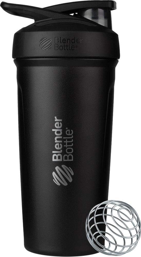 BlenderBottle Strada Shaker Cup Insulated Stainless Steel Water Bottle with Wire Whisk, 24-Ounce, Black-0