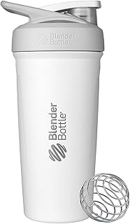 BlenderBottle Strada Shaker Cup Insulated Stainless Steel Water Bottle with Wire Whisk, 24-Ounce, White