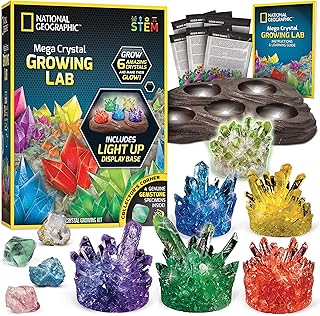 National Geographic Mega Crystal Growing Kit - Grow 6 Crystals with Light-Up Stand, Science Gifts for Kids 8-12