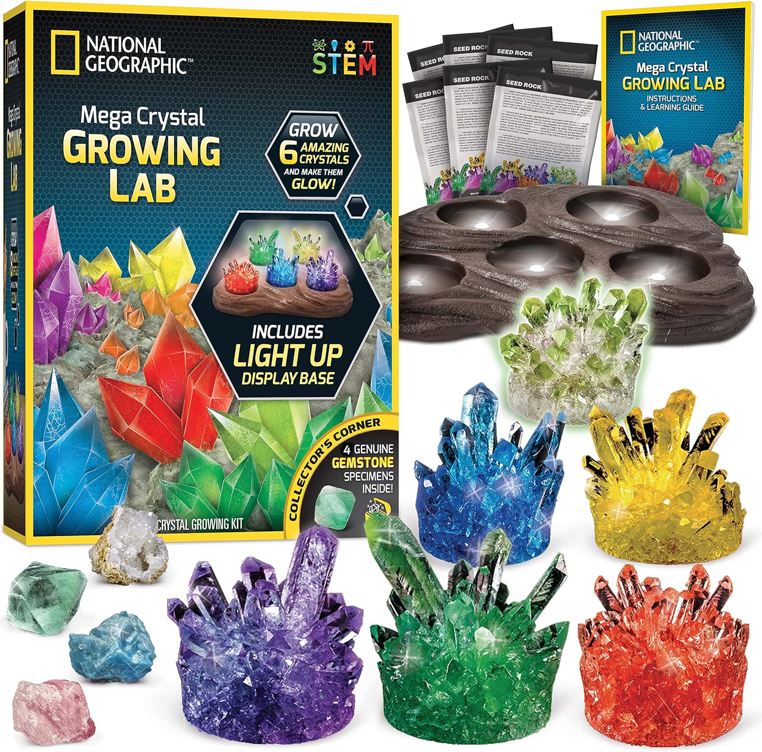 National Geographic Mega Crystal Growing Kit - Grow 6 Crystals with Light-Up Stand, Science Gifts for Kids 8-12-0