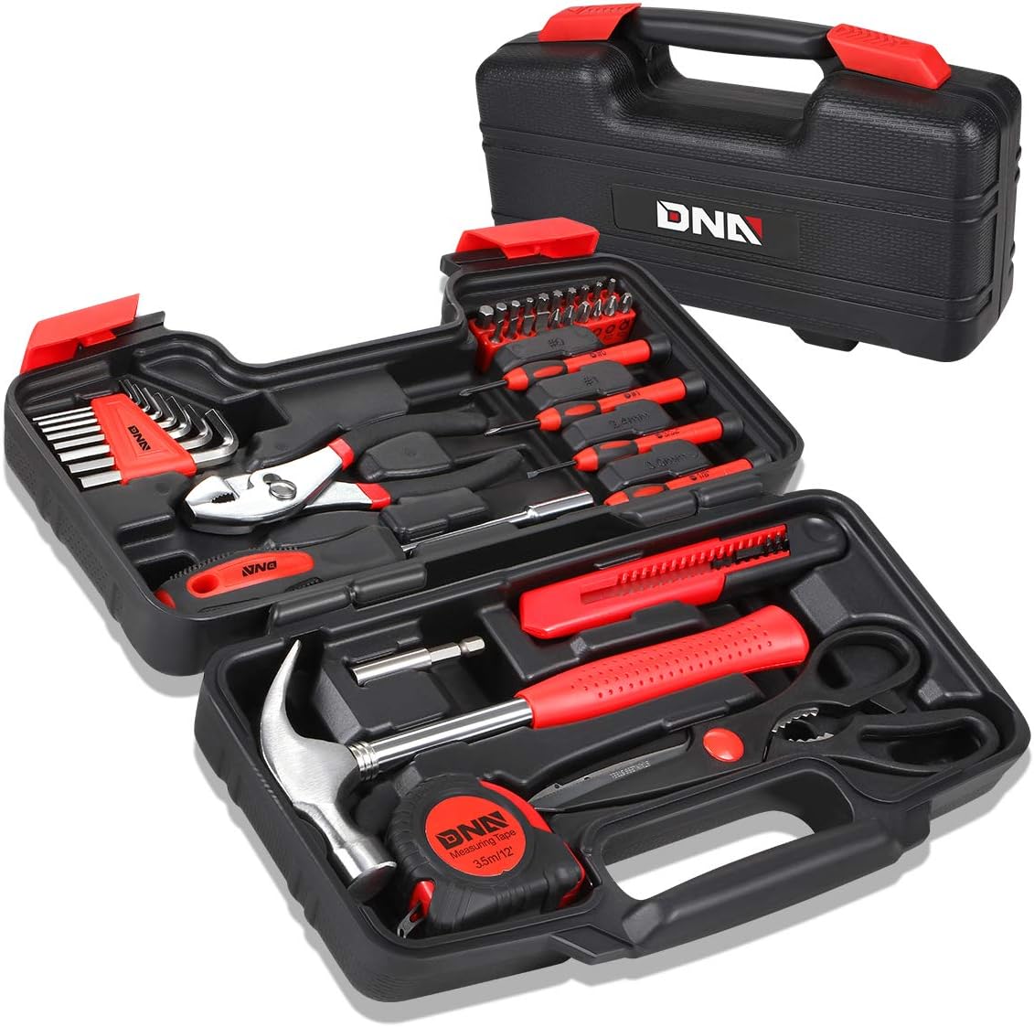 DNA MOTORING 39-Piece Household Tool Set General Repair Small Hand Tool Kit Storage Case for Home Garage Office College Dormitory Use, Red, TOOLS-00006-0