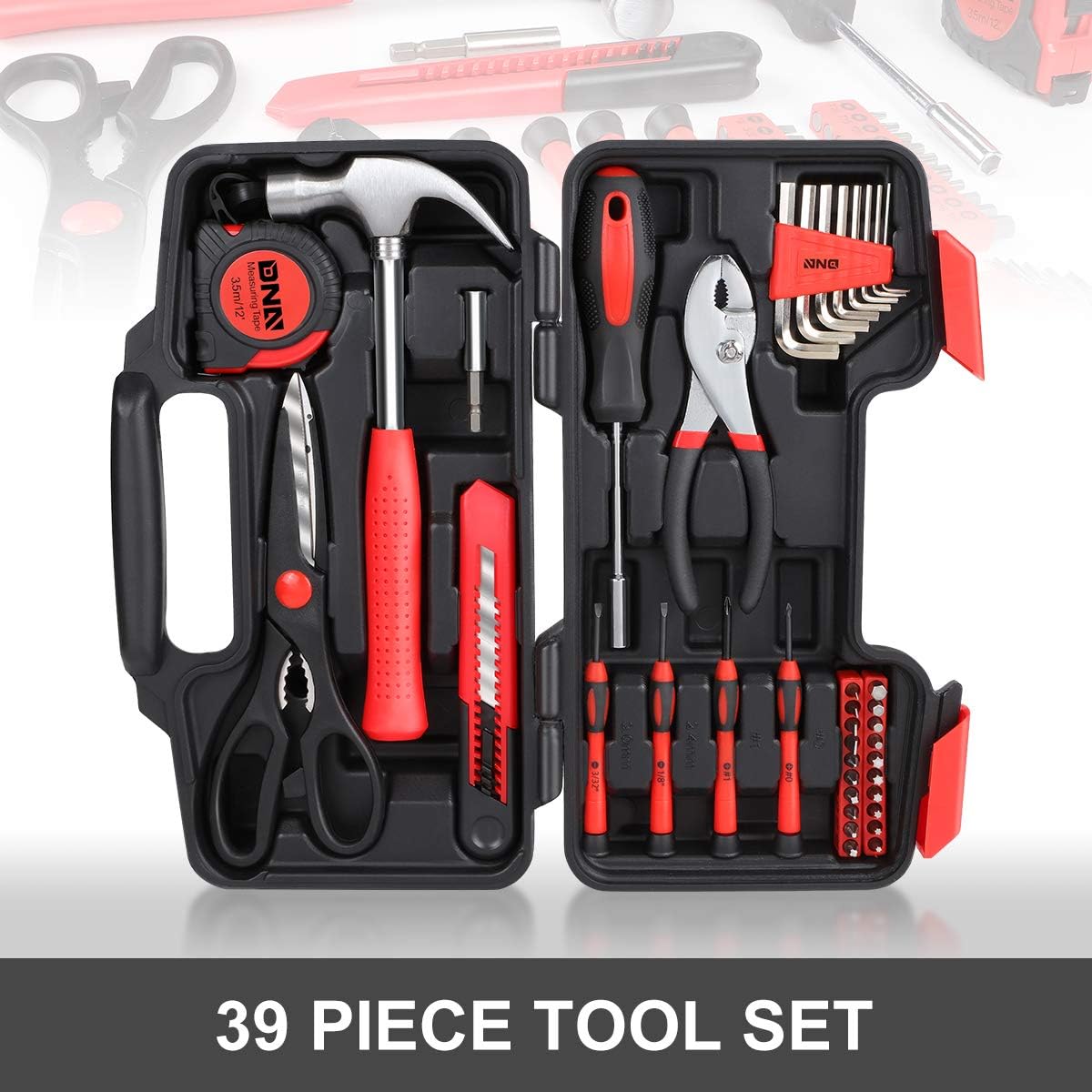 DNA MOTORING 39-Piece Household Tool Set General Repair Small Hand Tool Kit Storage Case for Home Garage Office College Dormitory Use, Red, TOOLS-00006-2