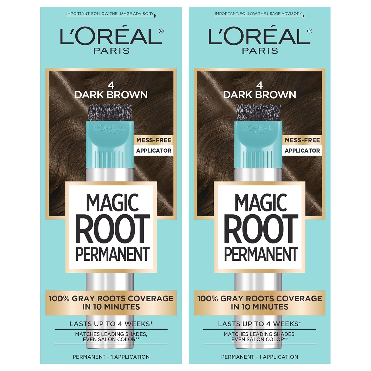 L'Oreal Paris Magic Root Rescue 10 Minute Root Hair Coloring Kit, Permanent Hair Color with Quick Precision Applicator, 100 percent Gray Coverage, 4 Dark Brown, 2 count-0