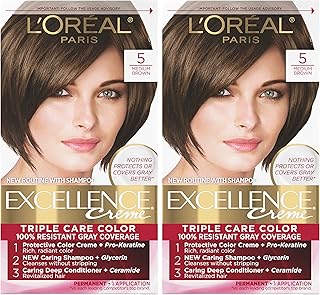 L'Oreal Paris Excellence Creme Permanent Hair Color, 5 Medium Brown, 100 percent Gray Coverage Hair Dye, Pack of 2