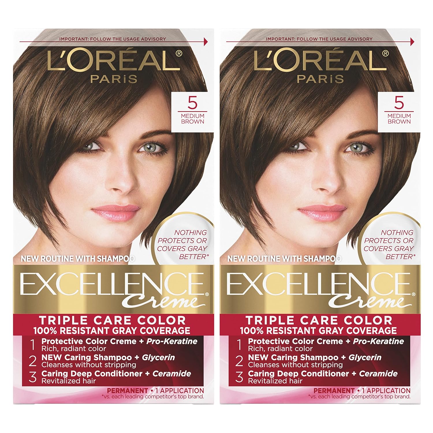 L'Oreal Paris Excellence Creme Permanent Hair Color, 5 Medium Brown, 100 percent Gray Coverage Hair Dye, Pack of 2-0