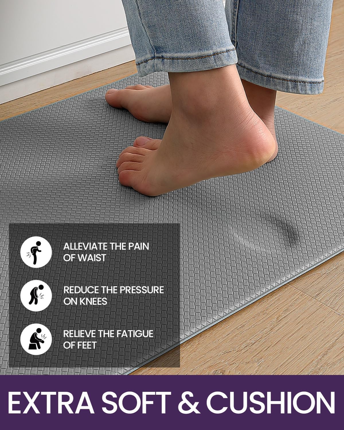 DEXI Kitchen Rug Anti Fatigue,Non Skid Cushioned Comfort Standing Kitchen Mat Waterproof and Oil Proof Floor Runner Mat, Easy to Clean, 17"x59", Grey-2