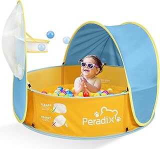 Peradix Paddling Pool for Kids & Pets, Kids Ball Pit Tent 3 in 1, Pop Up Wading Pool Tent with UV Protection Sunshade Canopy Basketball Hoop, Portable Beach Backyard Toys for Indoor Outdoor Activity