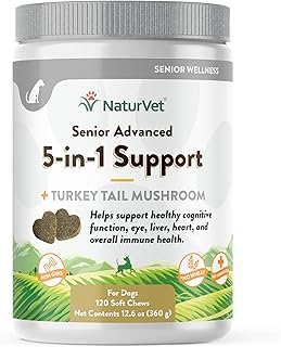 NaturVet Senior Advanced 5-in-1 Support Dog Supplement – Helps Support Immune System, Heart, Liver, Cognitive Function, Eye Health – Includes Ginkgo Biloba, Lutein – 120 Ct.