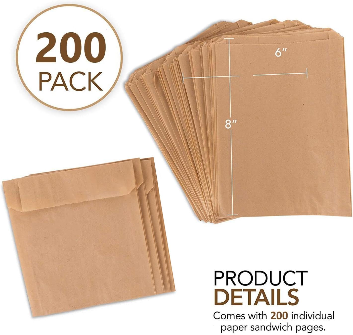 Paper Sandwich Bags Kraft Brown 200 Pack - Biodegradable and Compostable Food Grade Paper Bags - Unbleached Compostable Natural Kraft Paper Stock Bags for Bakery Cookies, Treats, Snacks, Sandwiches…-1