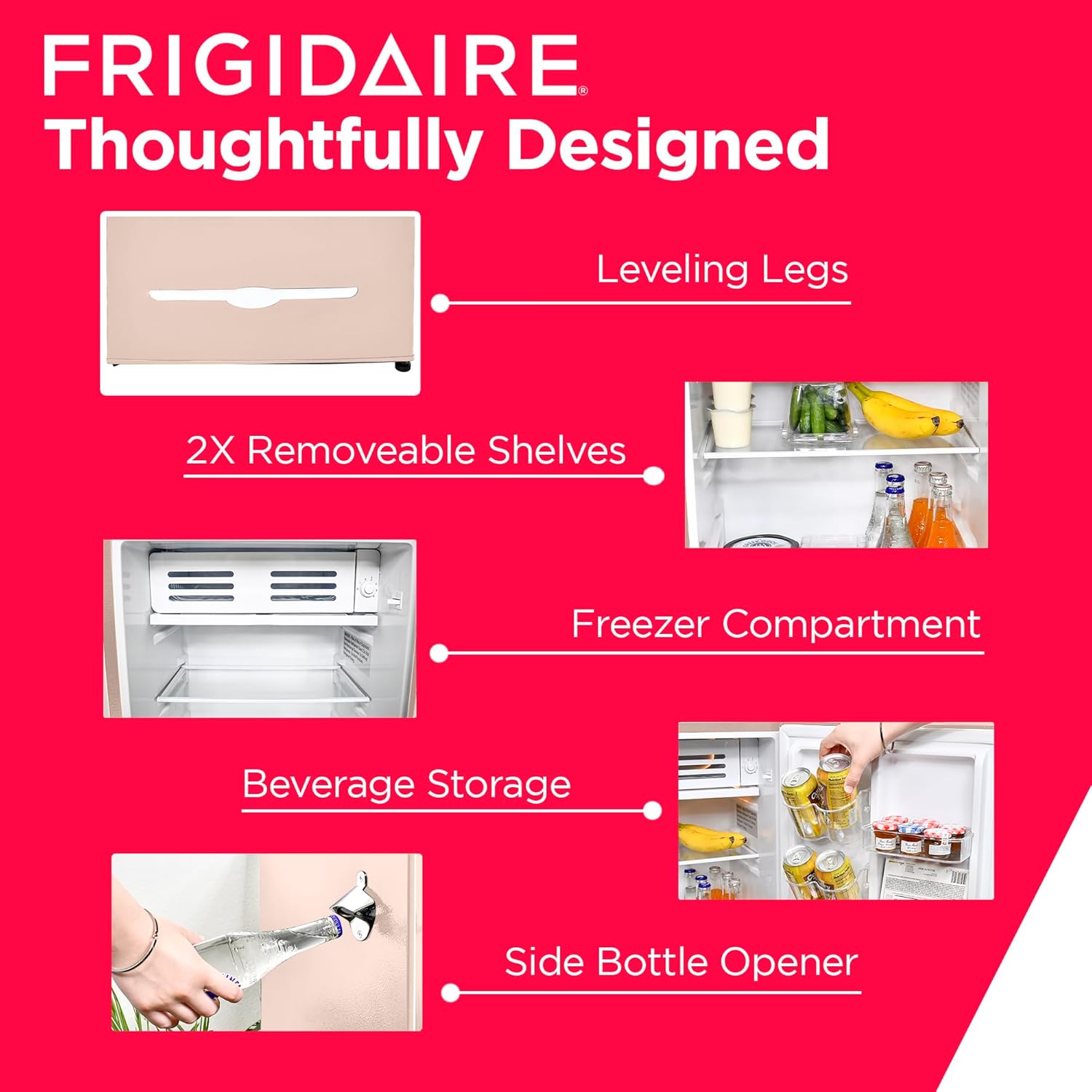 Frigidaire Retro Compact Fridge with Chiller, 3.2 cu ft Countertop Fridge with Built-In Bottle Opener, Compact Refrigerator for Office, Bedroom, Dorm Room or Cabin - 16.5"D x 19"W x 31"H (Pink)-3