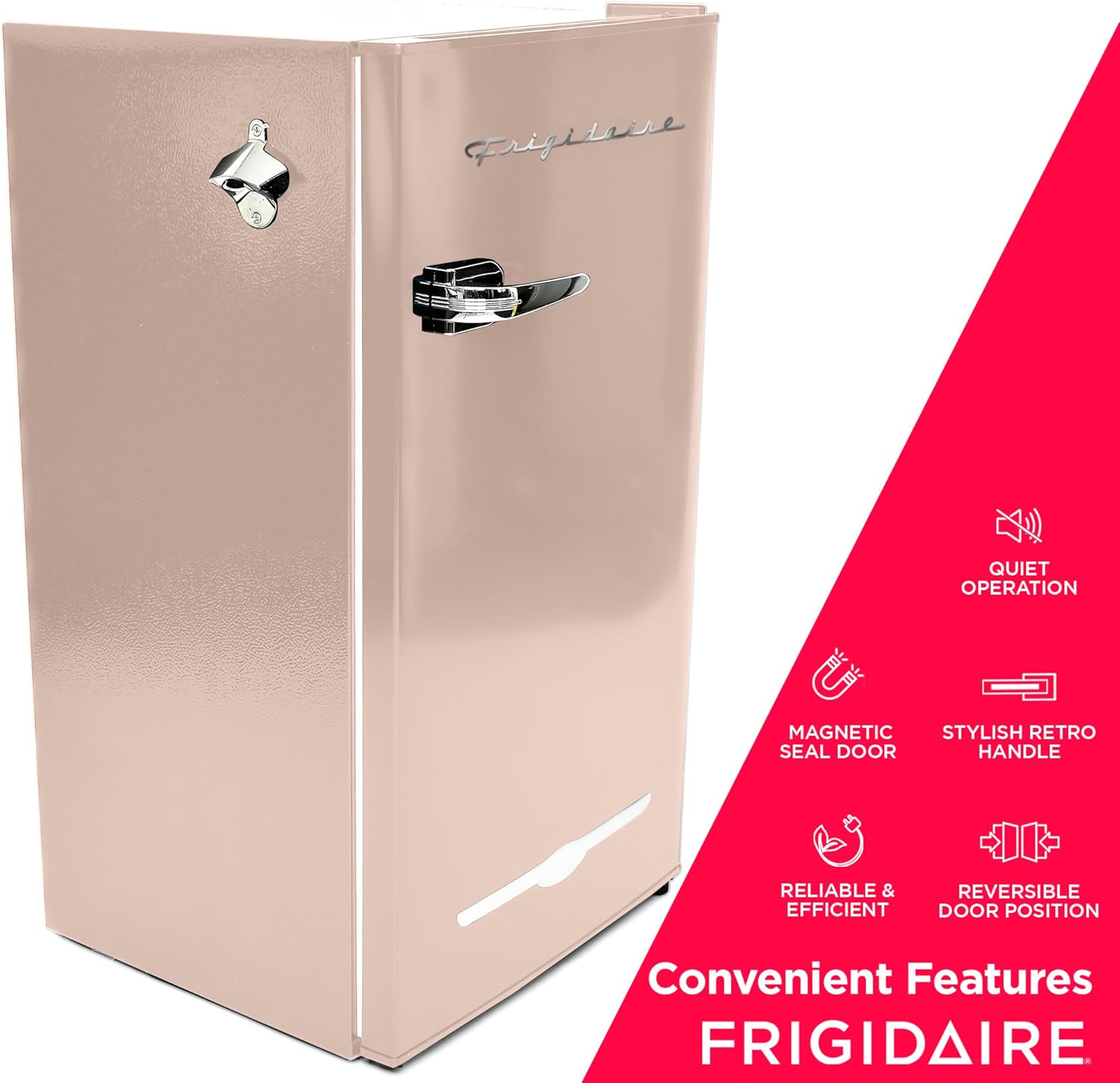 Frigidaire Retro Compact Fridge with Chiller, 3.2 cu ft Countertop Fridge with Built-In Bottle Opener, Compact Refrigerator for Office, Bedroom, Dorm Room or Cabin - 16.5"D x 19"W x 31"H (Pink)-4