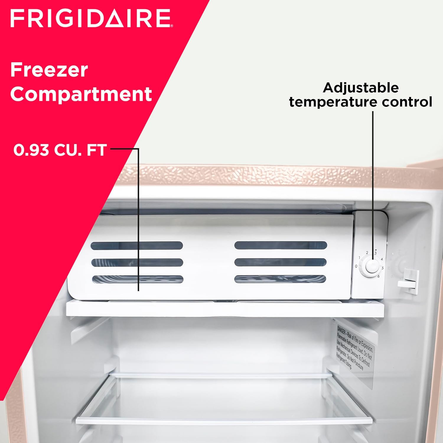 Frigidaire Retro Compact Fridge with Chiller, 3.2 cu ft Countertop Fridge with Built-In Bottle Opener, Compact Refrigerator for Office, Bedroom, Dorm Room or Cabin - 16.5"D x 19"W x 31"H (Pink)-5