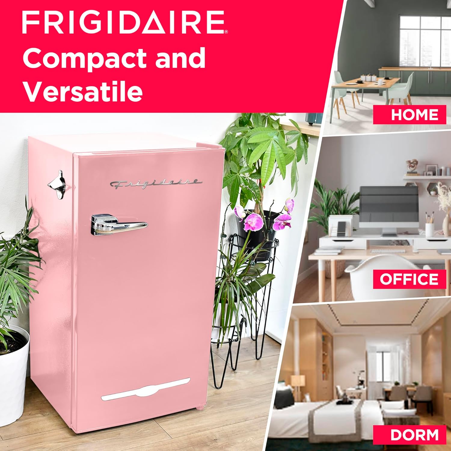 Frigidaire Retro Compact Fridge with Chiller, 3.2 cu ft Countertop Fridge with Built-In Bottle Opener, Compact Refrigerator for Office, Bedroom, Dorm Room or Cabin - 16.5"D x 19"W x 31"H (Pink)-1