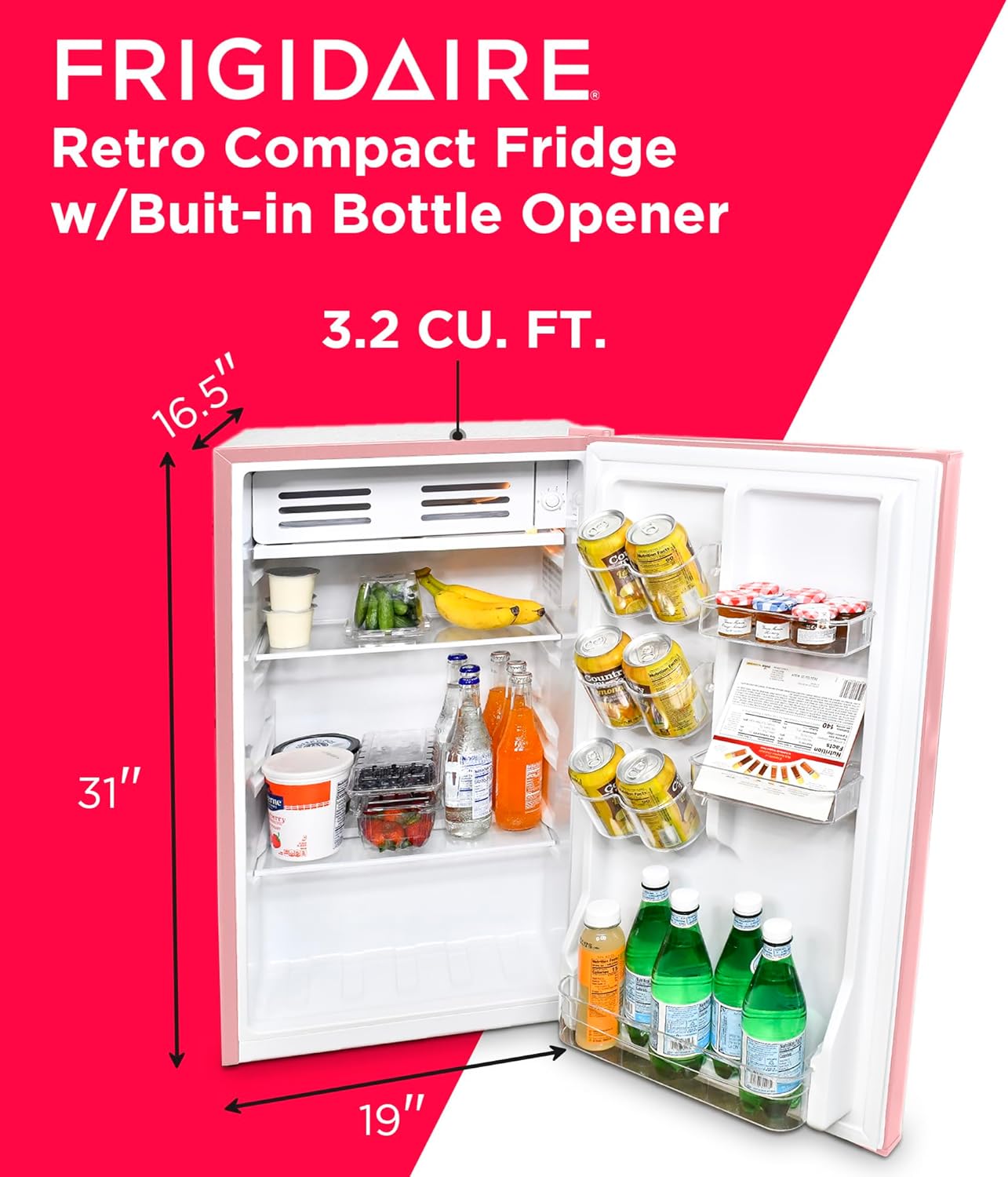 Frigidaire Retro Compact Fridge with Chiller, 3.2 cu ft Countertop Fridge with Built-In Bottle Opener, Compact Refrigerator for Office, Bedroom, Dorm Room or Cabin - 16.5"D x 19"W x 31"H (Pink)-2