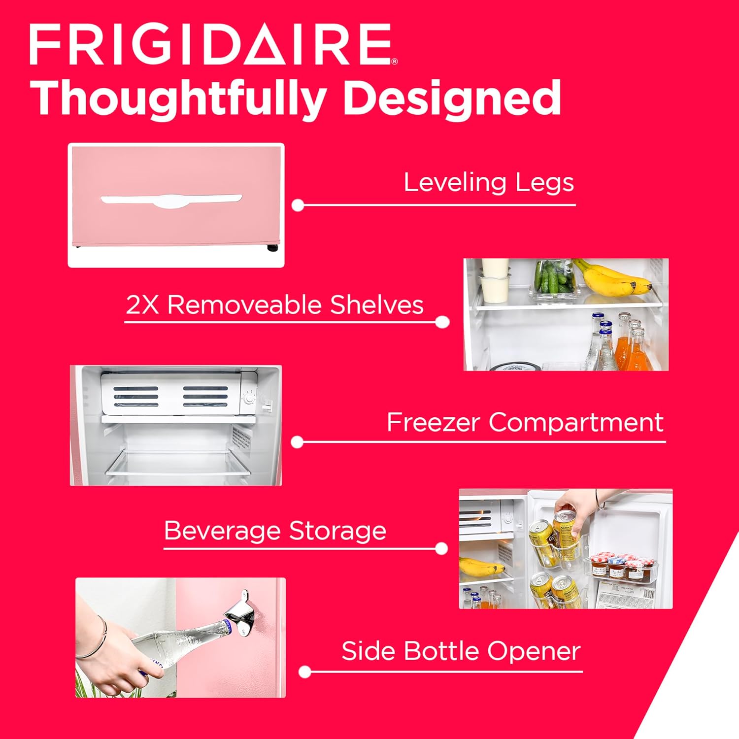 Frigidaire Retro Compact Fridge with Chiller, 3.2 cu ft Countertop Fridge with Built-In Bottle Opener, Compact Refrigerator for Office, Bedroom, Dorm Room or Cabin - 16.5"D x 19"W x 31"H (Pink)-3