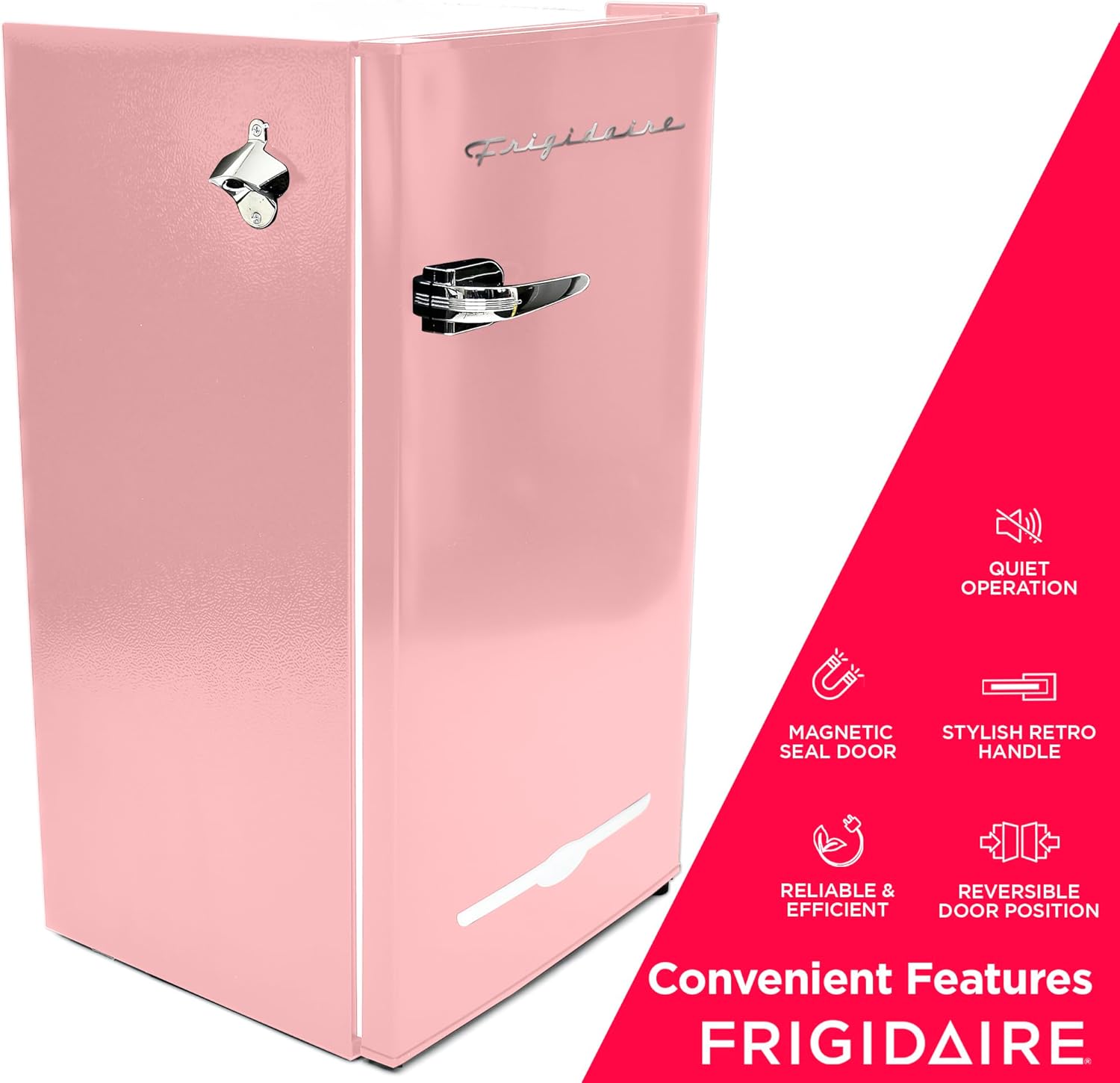 Frigidaire Retro Compact Fridge with Chiller, 3.2 cu ft Countertop Fridge with Built-In Bottle Opener, Compact Refrigerator for Office, Bedroom, Dorm Room or Cabin - 16.5"D x 19"W x 31"H (Pink)-4