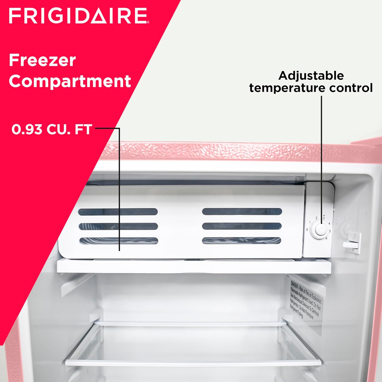 Frigidaire Retro Compact Fridge with Chiller, 3.2 cu ft Countertop Fridge with Built-In Bottle Opener, Compact Refrigerator for Office, Bedroom, Dorm Room or Cabin - 16.5"D x 19"W x 31"H (Pink)-5