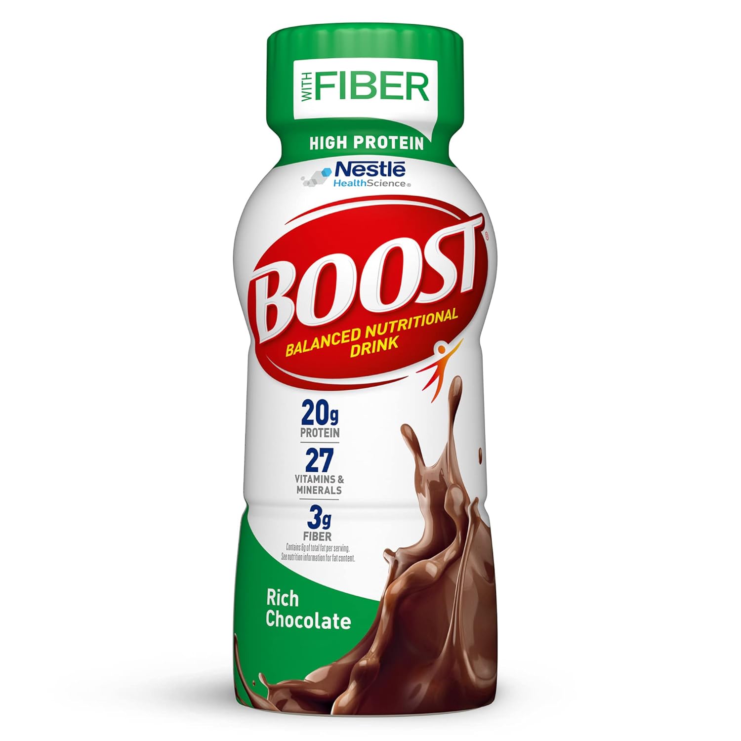 BOOST High Protein with Fiber Complete Nutritional Drink, Rich Chocolate, 8 fl oz Bottle, 24 Pack-0