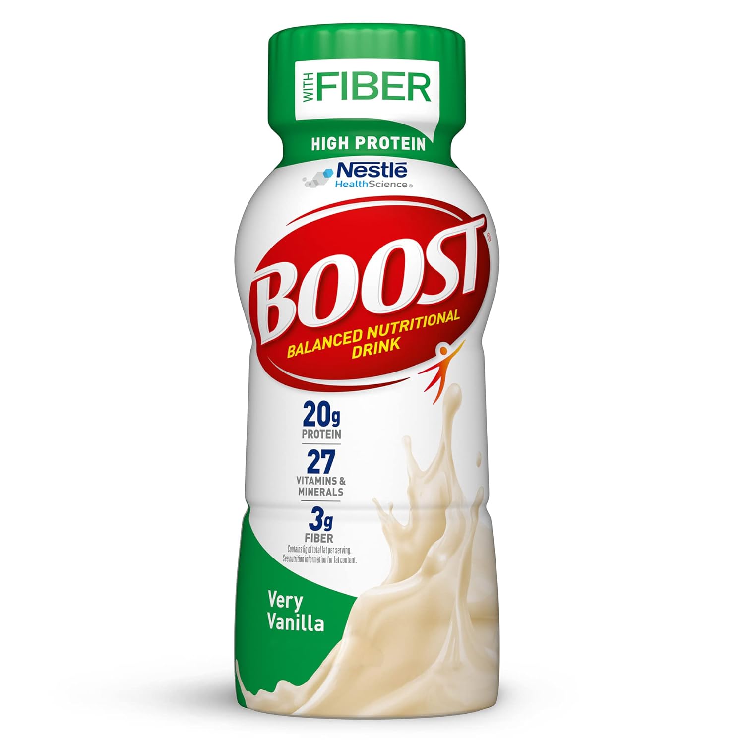 BOOST High Protein with Fiber Complete Nutritional Drink, Very Vanilla, 8 fl oz Bottle, 24 Pack-0