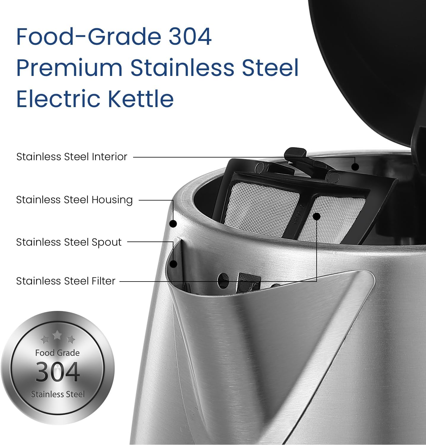 COMFEE' Stainless Steel Electric Kettle, 1.7 Liter Tea Kettle Electric & Hot Water Kettle, 1500W Fast Boil with LED Light, Auto Shut-Off and Boil-Dry Protection-2