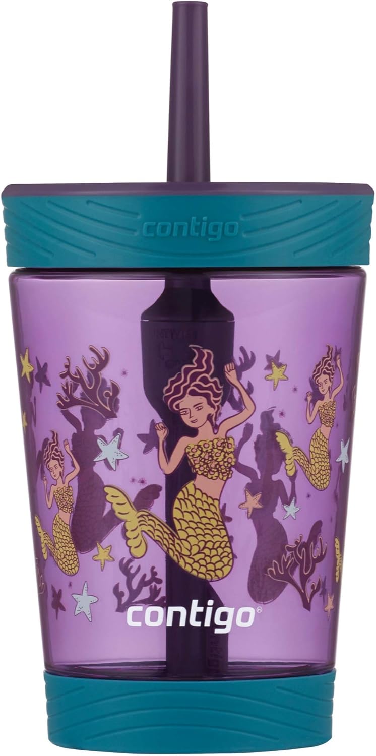 Contigo Kids Spill-Proof Tumbler with Straw, 14oz., Eggplant with Mermaid-0