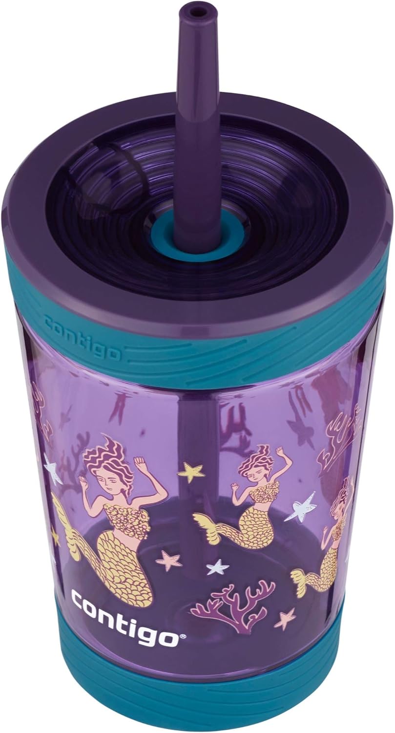 Contigo Kids Spill-Proof Tumbler with Straw, 14oz., Eggplant with Mermaid-1