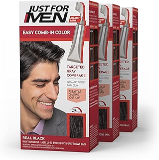 Just For Men Easy Comb-In Color Mens Hair Dye, Easy No Mix Application with Comb Applicator - Real Black, A-55, Pack of 3